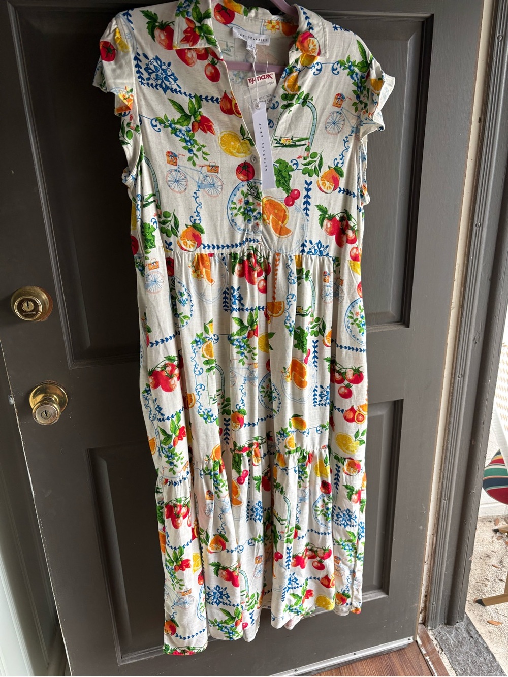 Jane + Delaney Cream Fruit-Print Tiered Dress